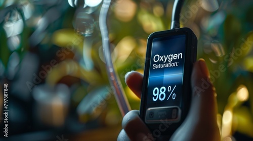 Close-up view of a pulse oximeter displaying 98% oxygen saturation in use, healthcare monitoring photo