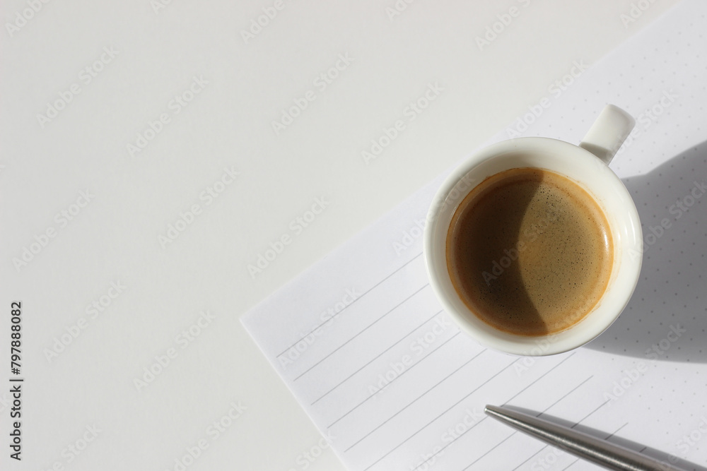 Business Workspace with Cup of Coffee, Blank To Do List with Pen. Workplace Flatlay. Coffee Break. Business Workspace with Cup of Coffee, Blank To Do List with Pen. Workplace Flatlay. Coffee Break.