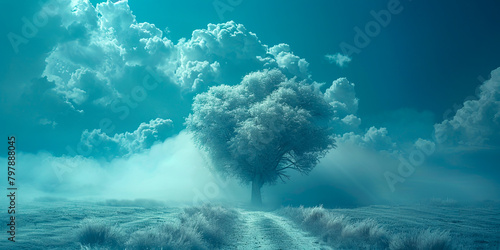 Surreal dreamlike landscape with a solitary tree and mystical fog
