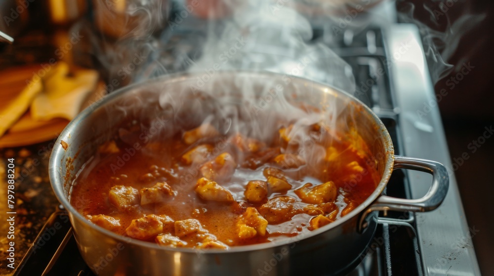A steaming pot of fragrant chicken tikka masala simmering on a stove, filling the kitchen with the enticing aroma of Indian spices. A steaming pot of fragrant chicken tikka masala simmering on a stove, filling the kitchen with the enticing aroma of Indian spices.