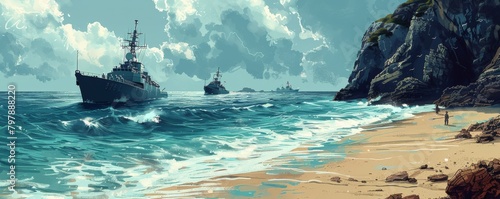Navy ships executing amphibious assault maneuvers near a rocky beach under a dynamic sky photo