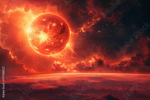 glowing epic red sun with light solar storm 