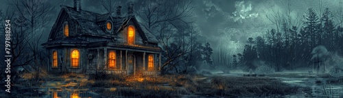 A decrepit house surrounded by a dark forest and swamp at night.