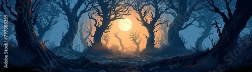 A dark forest with a full moon in the background.