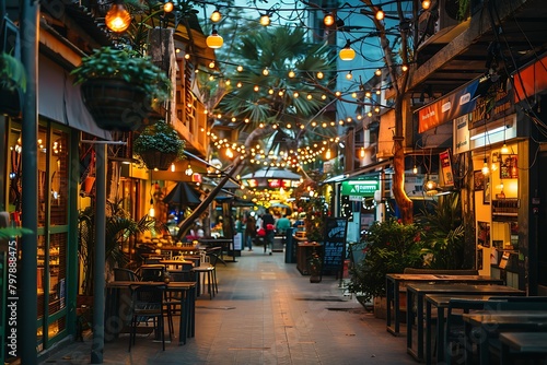 A vibrant street lined with shops and cafes, with decorative string lights hanging above, creating a lively and inviting atmosphere. © Kashif