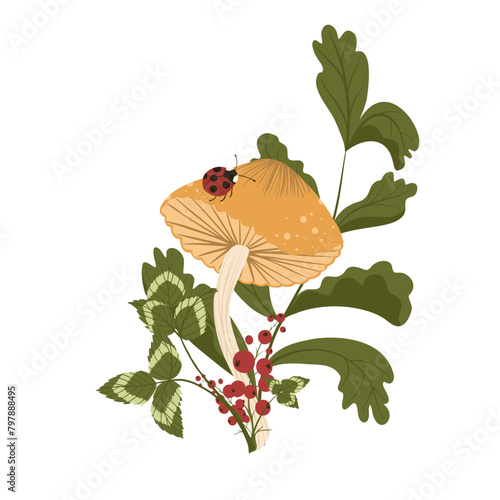 Mushroom isolated element. Autumn composition with greaser, leaves, lady bug, berries. Fall mushrooms vector illustration for sticker, logo, print. White background.
