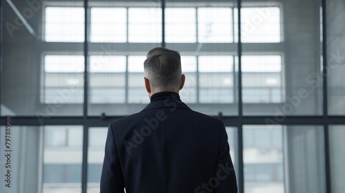Rear view of a confident businessman in a suit standing by an office window and looking outside.
