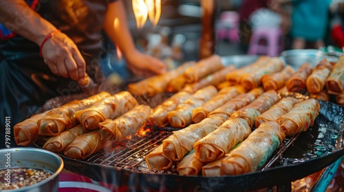 A street vendor expertly frying up crispy Thai spring rolls, with golden-brown wrappers bursting with savory fillings and served with dipping sauce.