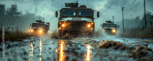 Rugged military convoy advancing through a rainy terrain at dusk photo