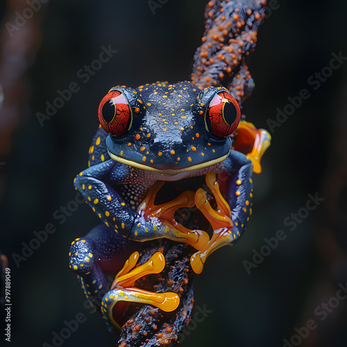 An electric blueeyed frog perches on a rope in a wildlife setting photo