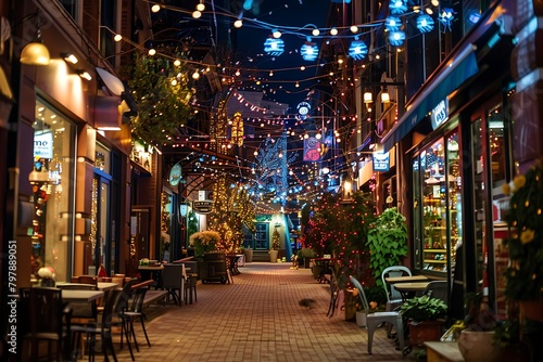 A vibrant street lined with shops and cafes, with decorative string lights hanging above, creating a lively and inviting atmosphere.