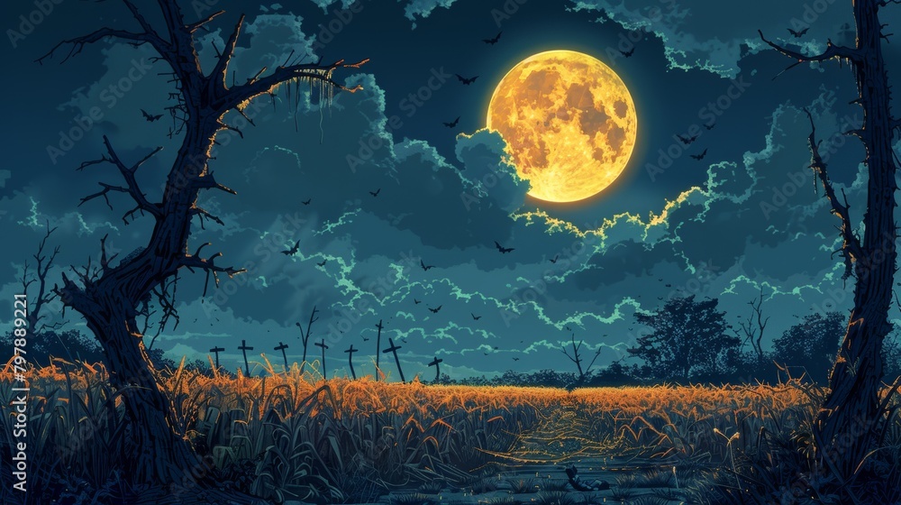 A full moon rises over a field of wheat.