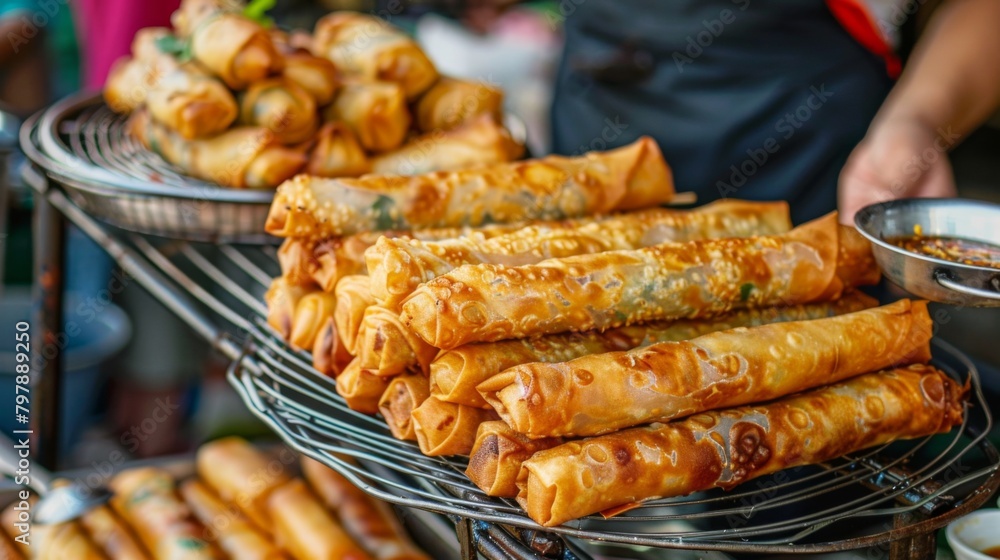 A street vendor expertly frying up crispy Thai spring rolls, with golden-brown wrappers bursting with savory fillings and served with dipping sauce. A street vendor expertly frying up crispy Thai spring rolls, with golden-brown wrappers bursting with savory fillings and served with dipping sauce.
