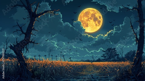 A full moon rises over a field of wheat.