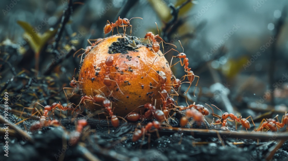 A swarm of fire ants devouring a fallen fruit, scavenging for food in the wild A swarm of fire ants devouring a fallen fruit, scavenging for food in the wild