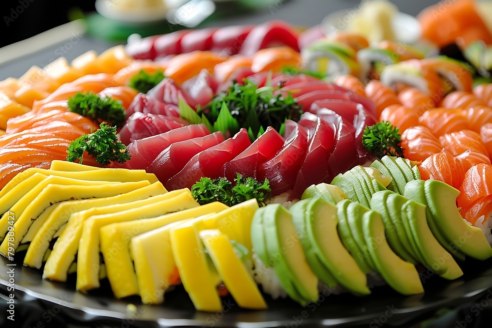 A vibrant sushi platter showcasing glistening tuna, salmon, and yellowtail adorned with delicate avocado slices.