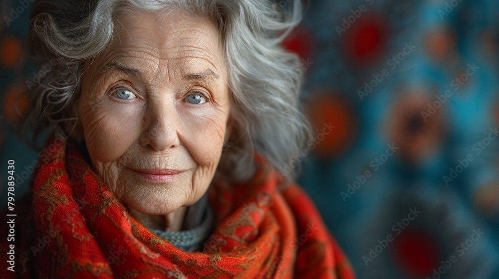 Professional studio photo portrait of a nice pleasant elderly woman, senior, a retiree, with a pronounced emotional expression, widescreen 16:9 Professional studio photo portrait of a nice pleasant elderly woman, senior, a retiree, with a pronounced emotional expression, widescreen 16:9