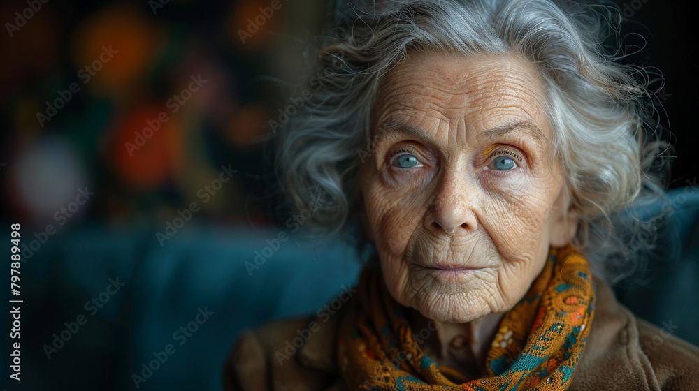 Professional studio photo portrait of a nice pleasant elderly woman, senior, a retiree, with a pronounced emotional expression, widescreen 16:9