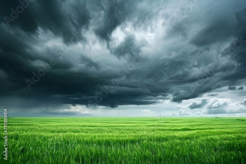 dark sky with storm clouds on a green field bad weather 