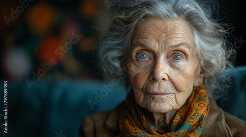 Professional studio photo portrait of a nice pleasant elderly woman, senior, a retiree, with a pronounced emotional expression, widescreen 16:9