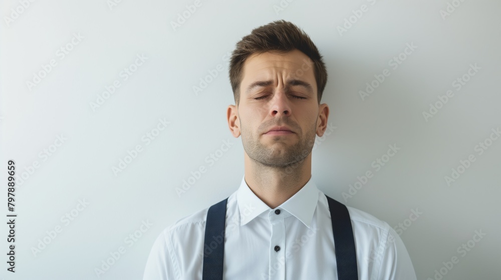 Portrait of a businessman standing against a white wall with his eyes closed, deep in thought. Portrait of a businessman standing against a white wall with his eyes closed, deep in thought.