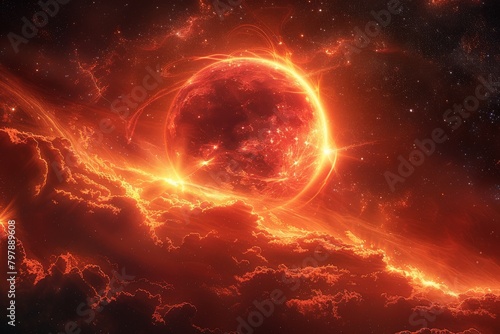 glowing epic red sun with light solar storm
 photo