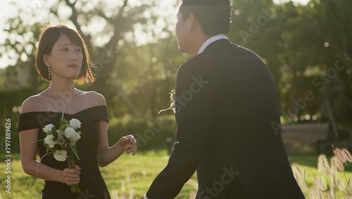 bride and groom, happy, wedding, sunset