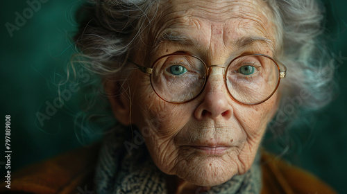Professional studio photo portrait of a nice pleasant elderly woman, senior, a retiree, with a pronounced emotional expression, widescreen 16:9