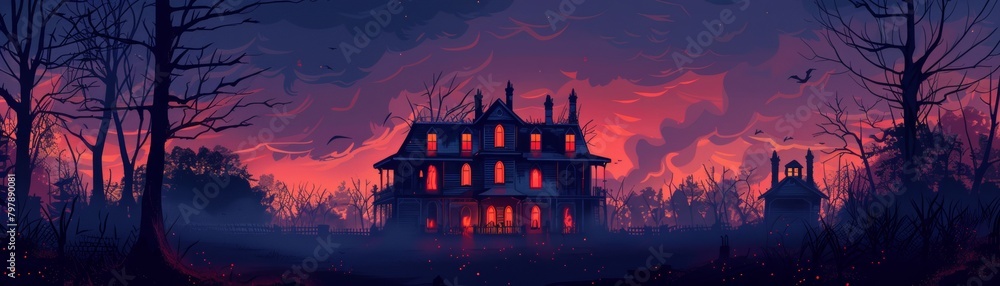 A haunted house with a dark stormy sky and a blood red moon.