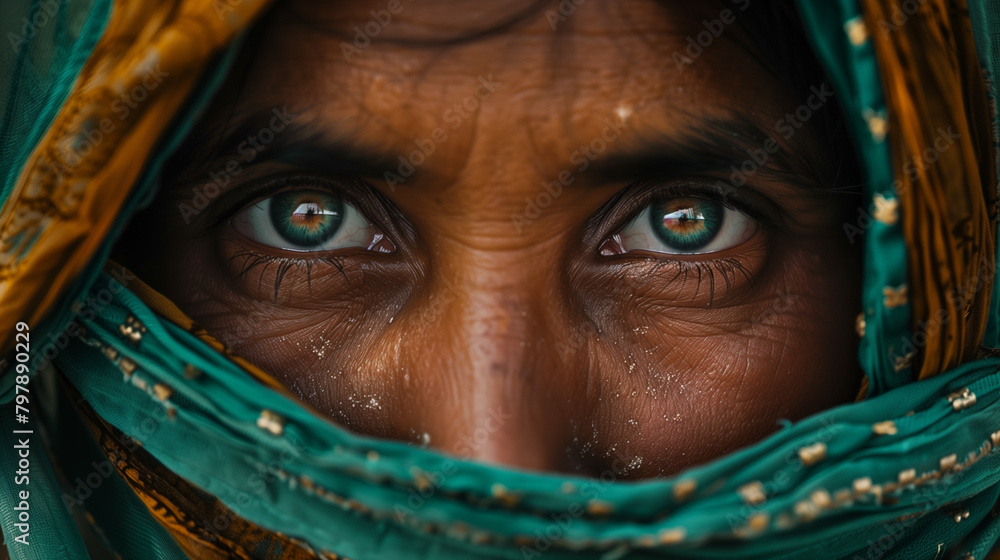 Close-up of a woman's eyes peering out from behind a teal veil, conveying mystery and depth Close-up of a woman's eyes peering out from behind a teal veil, conveying mystery and depth