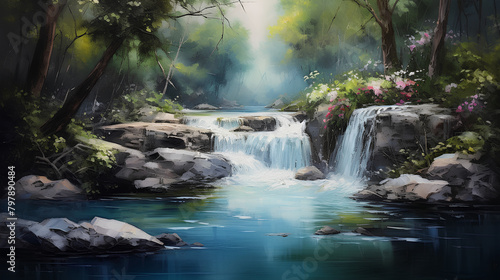  Idyllic Waterfall Oasis  Impressionist Forest  Floral Serenity with Copy Space