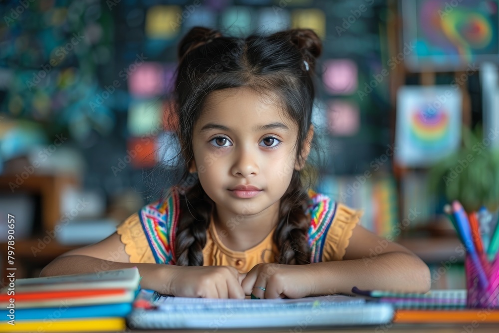 A studious little girl with a thoughtful look sits at a desk, surrounded by colorful educational tools and art A studious little girl with a thoughtful look sits at a desk, surrounded by colorful educational tools and art