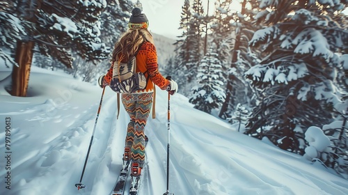 A crosscountry skiing trip through frosty forests, with boho patterned ski wear and accessories photo