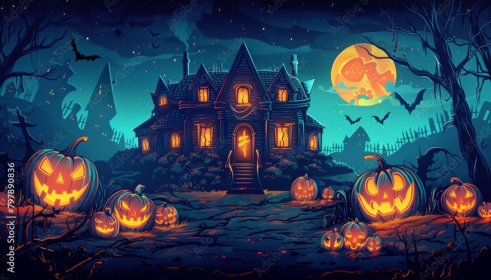 A haunted house with pumpkins in the front yard A haunted house with pumpkins in the front yard