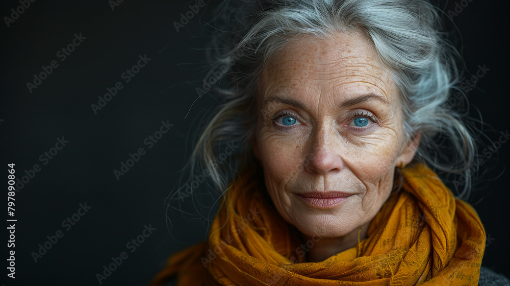 Professional studio photo portrait of a nice pleasant elderly woman, senior, a retiree, with a pronounced emotional expression, widescreen 16:9 Professional studio photo portrait of a nice pleasant elderly woman, senior, a retiree, with a pronounced emotional expression, widescreen 16:9