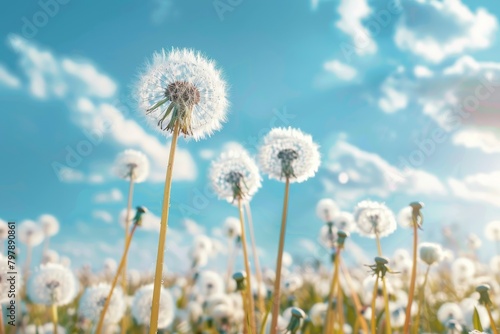 a Dendelion flowers white beautiful spring landscape  meadow with Dendelion flowers against the blue sky  spring and summer flower panorama 