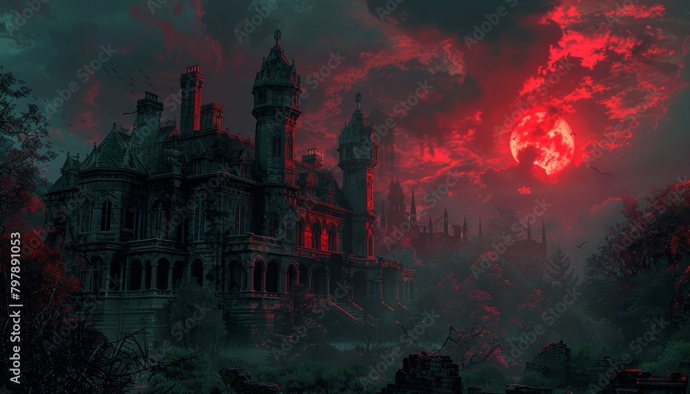 A large, gloomy mansion with a red moon in the background