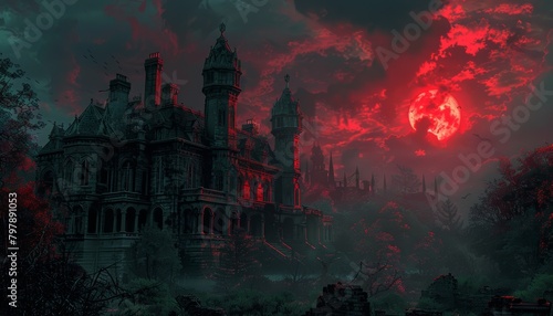 A large  gloomy mansion with a red moon in the background