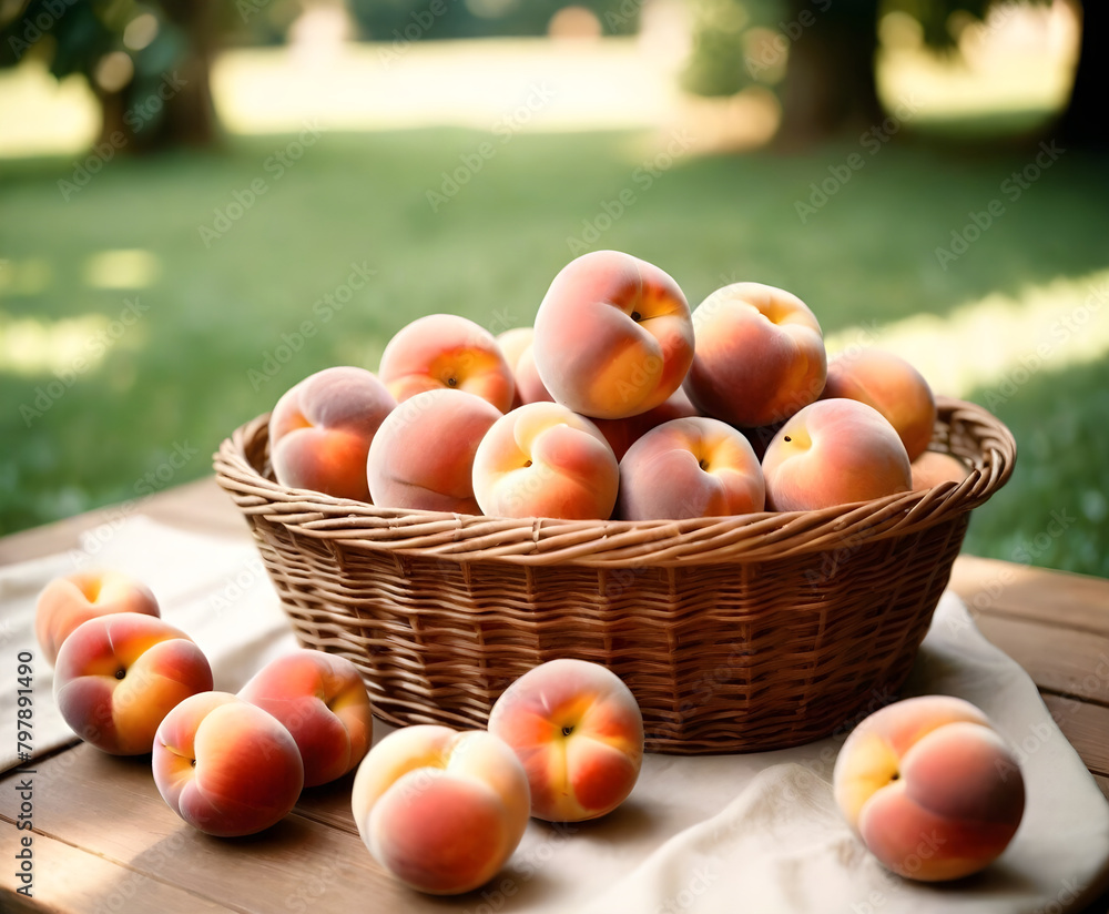 Basket full of ripe peaches on table in garden setting