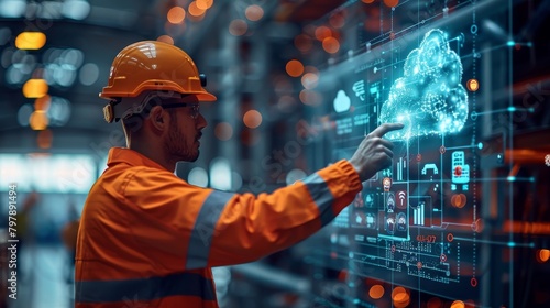 Construction engineers use AI and big data tech tapping digital security icons, Generated by AI