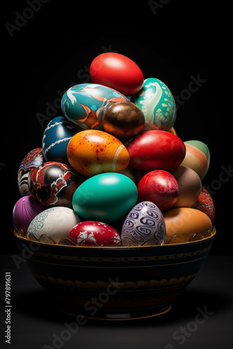 A colorful Easter basket overflowing with painted eggs in spring pastels, a symbol of the festive spring holiday.