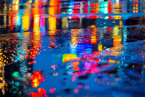 Abstract long exposure photograph of colorful city lights reflected in puddles on a rainy evening, creating a captivating interplay of distorted shapes and light reflections.