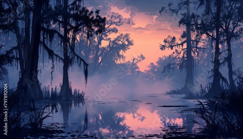 A misty swamp at dusk with a full moon rising over the trees. photo