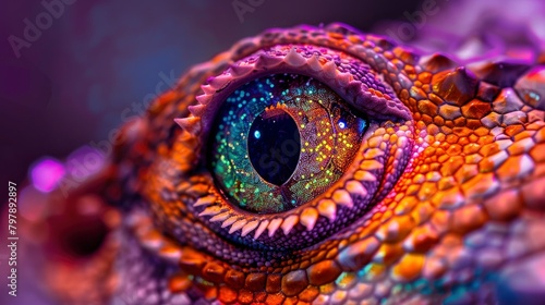 A close up of an eye with rainbow colored irises  macro photography showing extreme detail captured with a macro lens