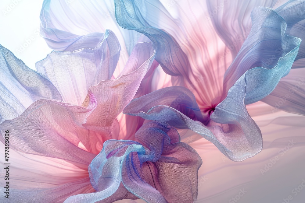 a water-based composition of pink and blue fabric, reminiscent of flowers.