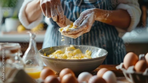 A woman cracking eggs into a mixing bowl, preparing to bake a decadent cake or whip up a batch of fluffy scrambled eggs.