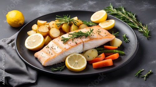 Cod loin with lemon and rosemary, served with veggies and baked potatoes. white fish baked. Medallions of potatoes and fried haddock on a dark grey background. Gourmet banner with area for copy photo