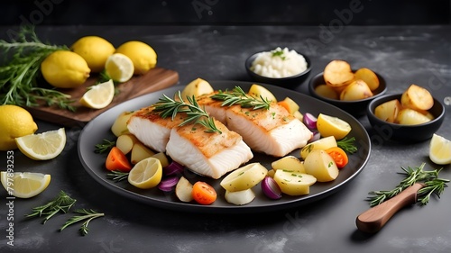 sushi with salmon and wasabi, Cod loin with lemon and rosemary, served with veggies and baked potatoes. white fish baked. Medallions of potatoes and fried haddock on a dark grey background. Gourmet ba