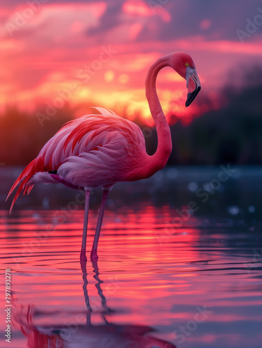 Graceful pink flamingo standing in tranquil waters under a stunning sunset sky