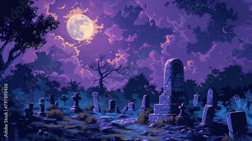 A pixel art cemetery at night with a full moon.